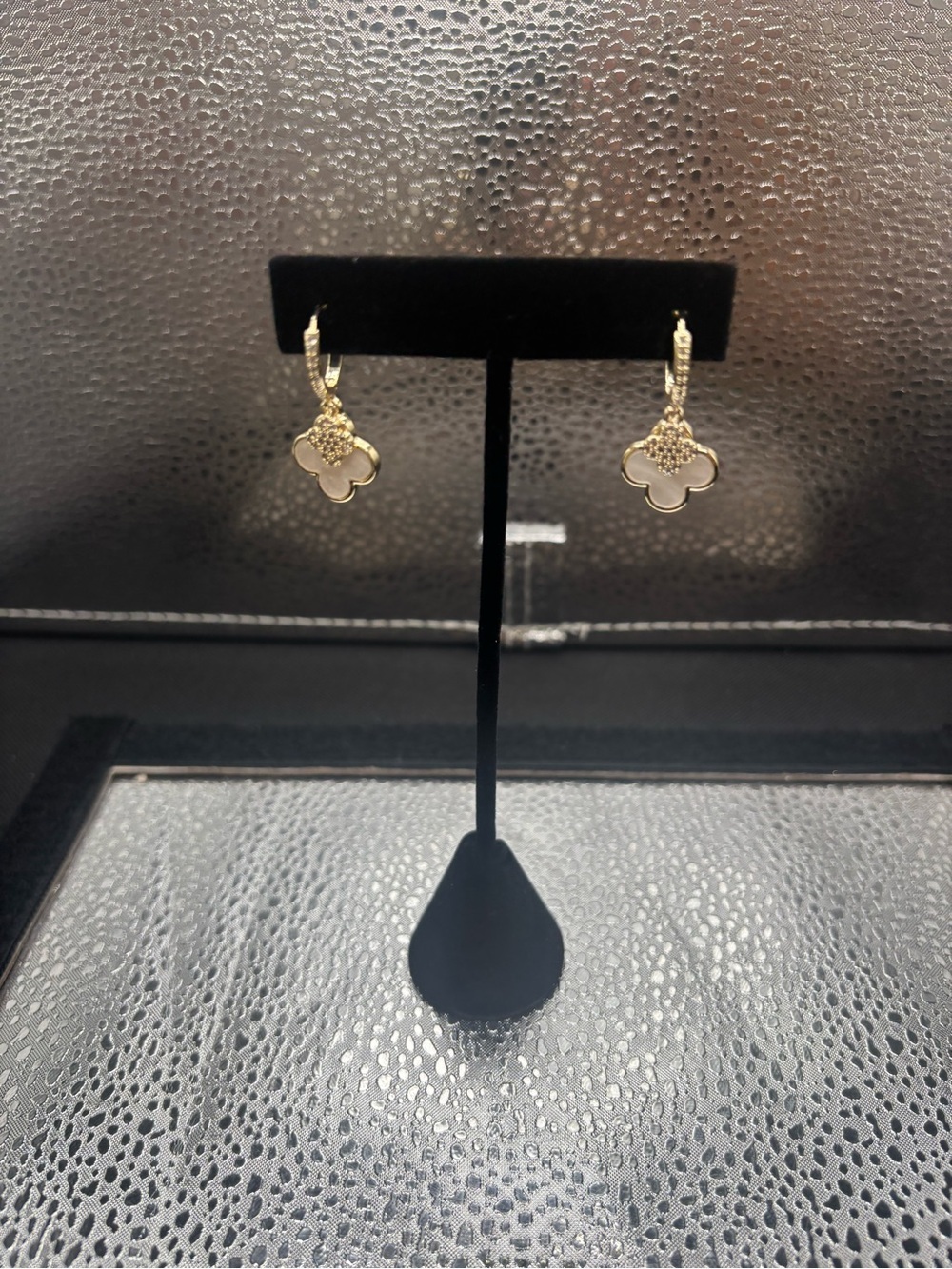 Gold Clover Drop Earrings with White Accent